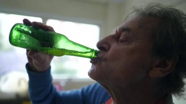 Senior Man Drinking Bottle Beer Profile Close Person Sipping Alcoholic — Stock video