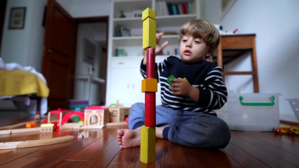 Mutlu Çocuk Kule Bloklarıyla Oynuyor Küçük Bir Çocuk Birbirinin Üstüne — Stok video