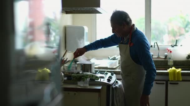 Hombre Mayor Cándido Cocinar Alimentos Por Cocina Estufa Usando Delantal — Vídeo de stock