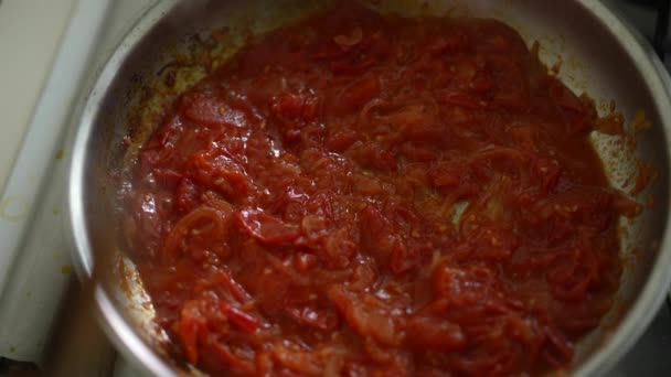 トマトソースの調理 キッチンストーブで金属パンの赤い成分のクローズアップ — ストック動画