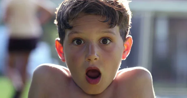 Boy Reacting Shock News Mouth Open Child Looking Camera Disbelief — Stock Fotó