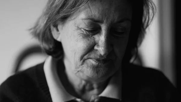 Thoughtful Senior Woman Close Face Monochrome Pensive Elderly Lady 70S — Stock Photo, Image