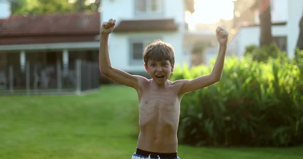 Child Raising Arms Air Celebration Happy Victorious Young Boy Raises — ストック写真