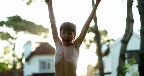 Child Celebrating Success Achievement Raising Arm Air Young Boy Raises — ストック写真