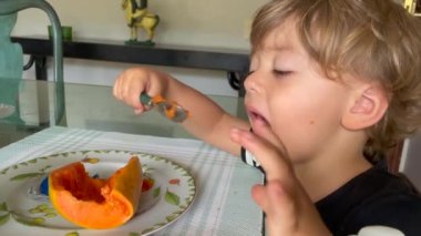  Infant baby eating papaya fruit for breakfast by himself with spoon. one adorable little boy eats healthy food