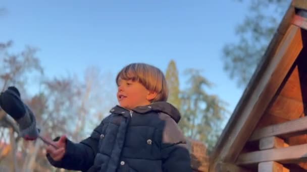 Ένα Χαρούμενο Αγοράκι Που Φορούσε Χειμωνιάτικα Ρούχα Στεκόταν Έξω Στο — Αρχείο Βίντεο