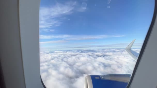 Passenger Looking Airplane Window Traveling Cloudy Landscape Plane Window — Stockvideo