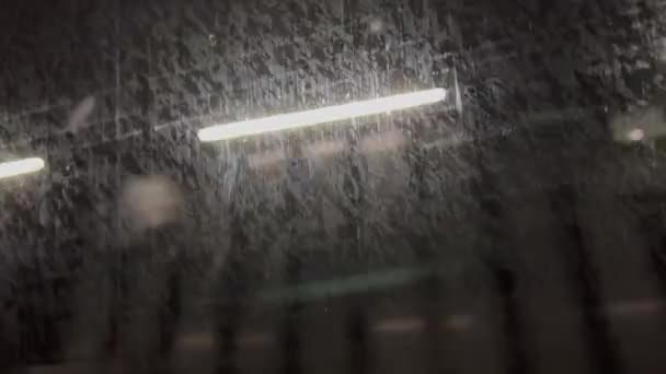 Lights Passing Underground Metro Subway Train Grungy Dirty Glass Surface — Stock video