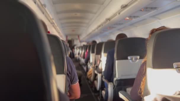 Back Plane Corridor Aisle Passenger Seated Airplane Traveling Flight — Stockvideo