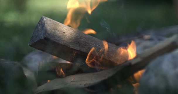 高速800Fpsのスローモーションで捕獲された小さな火花と炎を作成する小さな火花を供給する消火キャンプに落ちる木片 — ストック動画