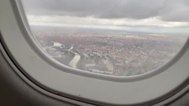City Landscape Seen Airplane Window Travel Flight Concept Passenger Perspective — Stockvideo
