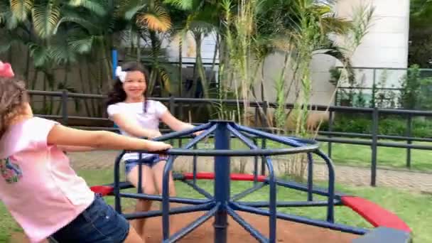 Μικρά Κορίτσια Που Παίζουν Παιδική Χαρά Καρουζέλ Κυκλική Κίνηση — Αρχείο Βίντεο
