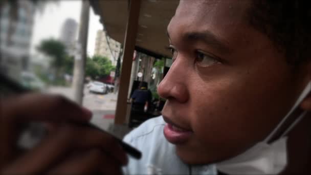 Young Man Talking Phone Street Black African Person Sends Voice — Vídeo de stock