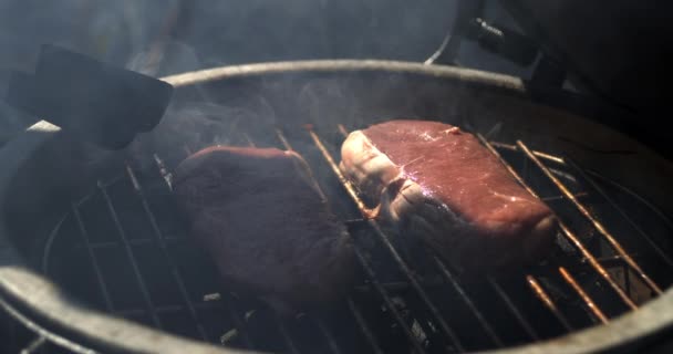 Cocinar Filetes Parrilla Barbacoa Cámara Lenta Capturados Alta Velocidad — Vídeos de Stock