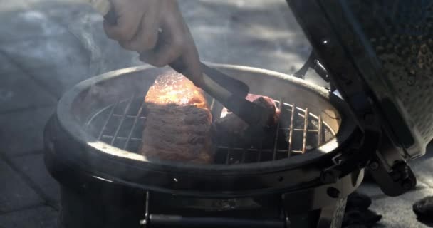 Colocando Pedaço Carne Churrasqueira Portátil Com Espátula Durante Atividade Acampamento — Vídeo de Stock
