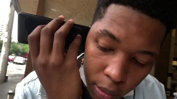 Young Man Talking Phone Street Black African Person Sends Voice — Video Stock
