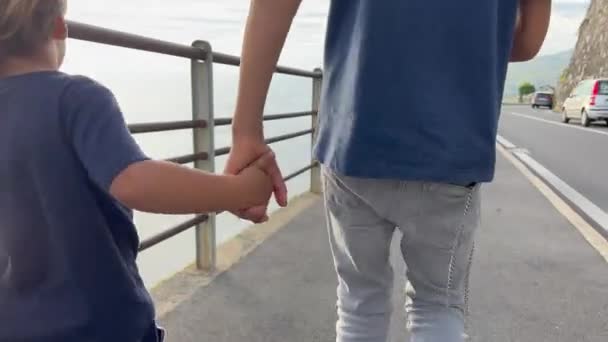 Bror Holder Hånd Med Baby Lillesøskende Udenfor Gaden Familie Livsstil – Stock-video