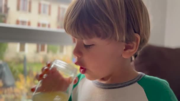 Liten Pojke Dricker Juice Dryck Mellanmål — Stockvideo