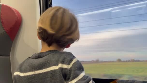 Маленький Мальчик Едет Поездом Пассажирский Ребенок Внутри Высокоскоростной Перевозки — стоковое видео