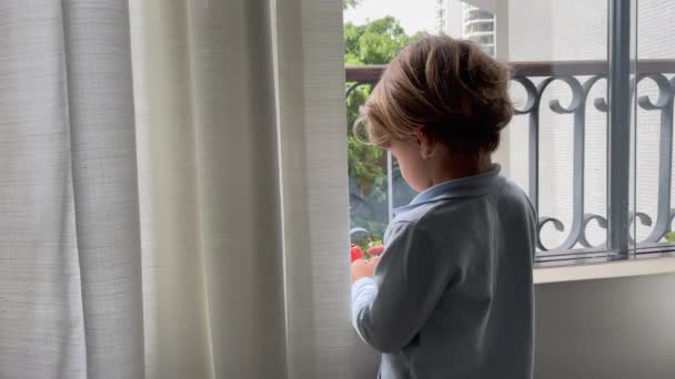 一个心事重重的小男孩站在公寓窗边 多愁善感的高加索金发男婴 — 图库视频影像
