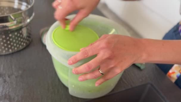 サラダスピナーで手洗いレタス — ストック動画