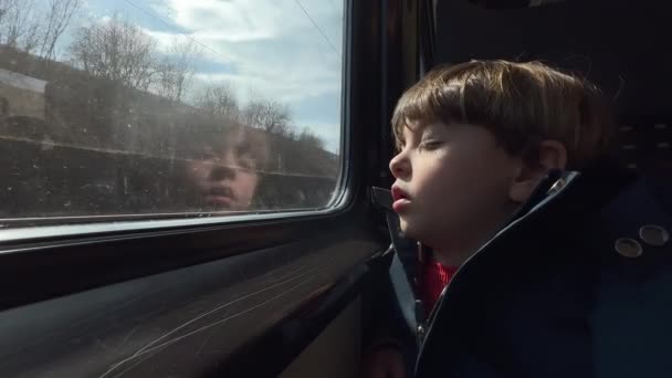 Little Passenger Boy Asleep Train Window — Video Stock