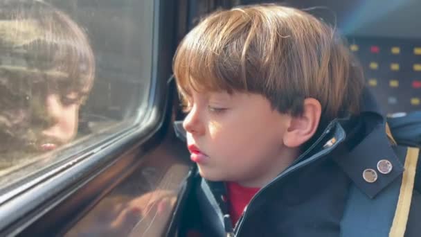 Child Falling Asleep Train One Cute Little Boy Dozing Leaning — Stok video