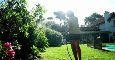 Person water plants with water hose in sunlight residential home garden