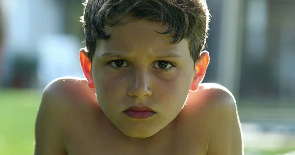 Pensive Boy Thinking Sunlight Child Looking Camera Portrait Face Serious — Fotografia de Stock