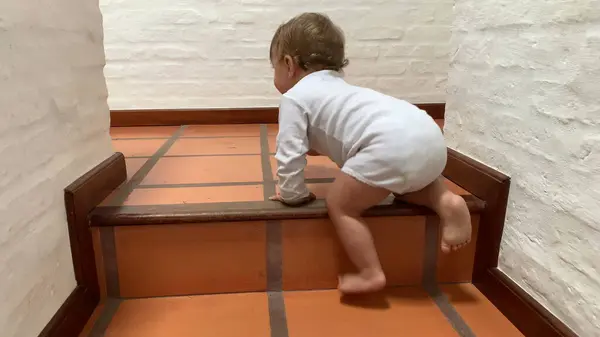 Active Cute Baby Infant Climbing Home Stairs — Stock Photo, Image