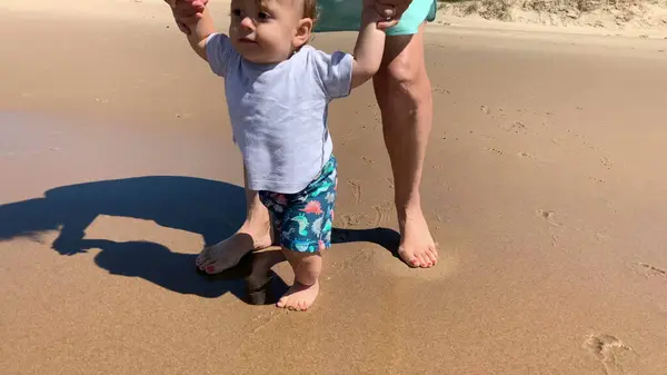 Baby Walking Beach Shore First Time — Zdjęcie stockowe