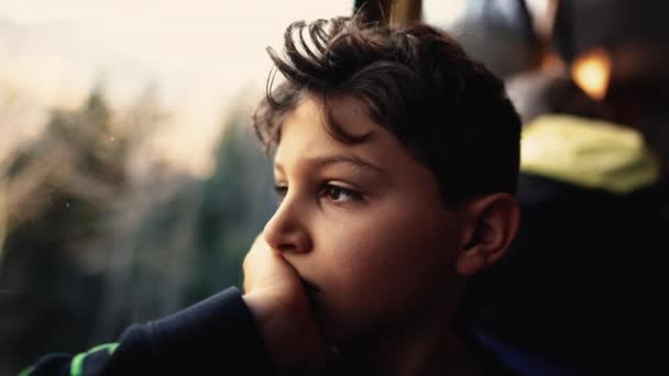 Vlak Myšlenek Pensive Boy Daydreaming Window Smutnou Pochmurnou Náladou — Stock video