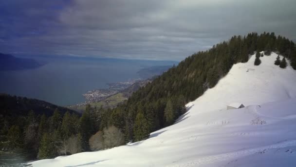 Landscape Mountain Forest Scenery Snow Winter Season Seen Passenger Perspective — Stock Video