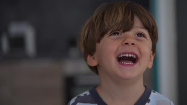 Возбужденный Маленький Мальчик Чувствует Себя Счастливым Жаждущим Ожиданий Портрет Счастливого — стоковое видео
