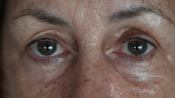 Ciasne Makro Zbliżenie Starszej Kobiety Patrzącej Kamerę Twarz Oczy Osoby — Wideo stockowe