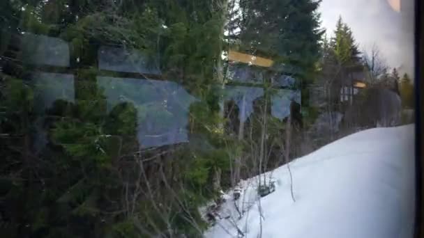 Snötäckta Bergskedjan Tågpassagerarnas Glimt Vinterskogarna — Stockvideo