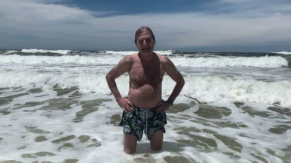 Active Happy Retired Older Man Enjoying Beach Water Senior Person — Fotografia de Stock