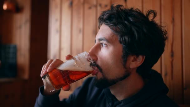 Close Profile Face 30S Man Enjoying Draft Beer Traditional Swiss — Stock Video
