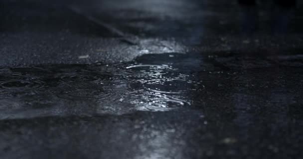 雨の日の夕方に歩道通りに落ちる水滴は 高速800Fpsのスローモーションで捕獲され 催眠リプルを作成する — ストック動画