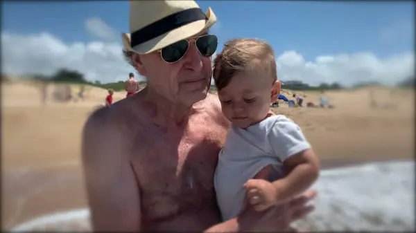 Grandfather Holding Baby Infant Beach Grandpa Grandson Bonding — Fotografia de Stock