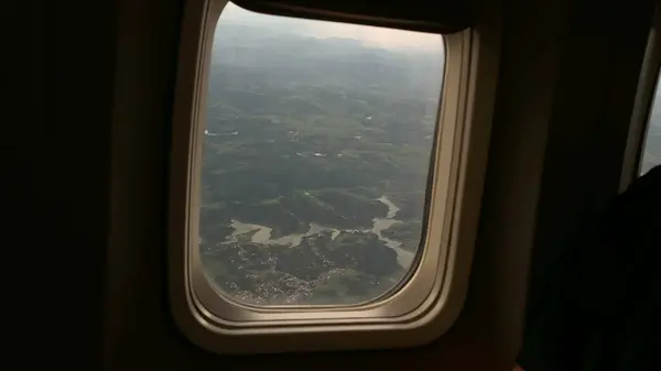 Plane Window Pov Flying Landscape — Stock Photo, Image