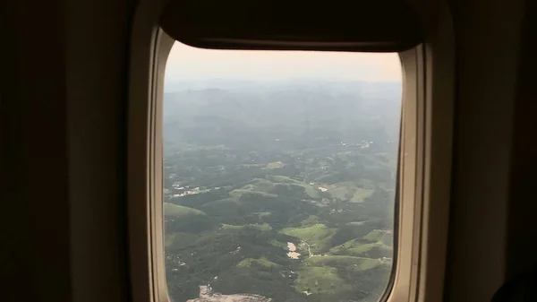 Passenger Plane Pov Looking Out Window Landscape Passing — Stock Photo, Image