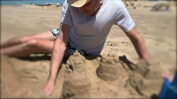 Older Man Beach Playing Senior Grandfather Lying Sand — Φωτογραφία Αρχείου