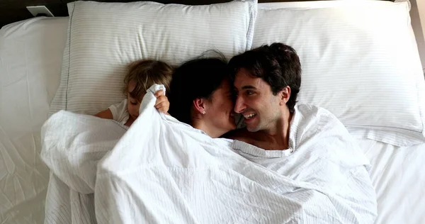 Cute Family Moment Infant Entering Couple Bed Morning Baby Intruding —  Fotos de Stock