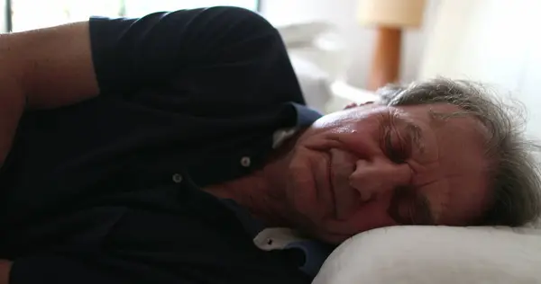 Old Man Lays Bed Nap Senior Guy Resting Napping — Fotografia de Stock