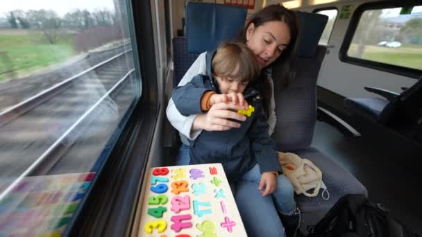Proaktif Bir Anne Hızlı Tren Yolculuğu Sırasında Oğluna Eğitim Faaliyetlerini — Stok video