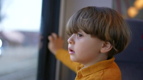 特写镜头的孩子脸上带着好奇的表情从火车窗口凝视着风景 一个小高加索男孩旅行 — 图库视频影像