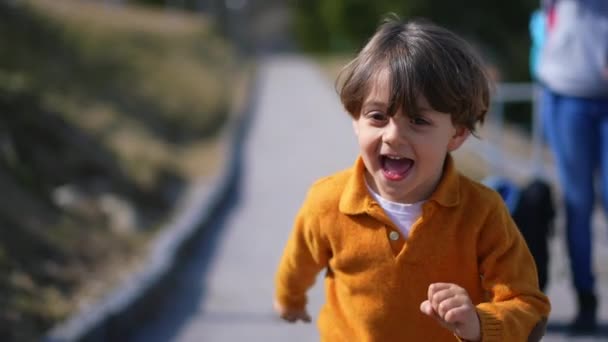 秋天的日子里 穿着黄色套头衫跑出去 快乐而兴奋的小男孩 儿童在运动中的特写脸向前冲 感觉无忧无虑 — 图库视频影像