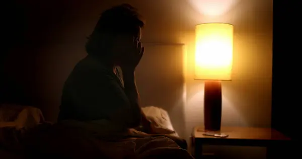 Woman Sitting Side Bed Unable Sleep Night Sleepless Tired Person — Zdjęcie stockowe