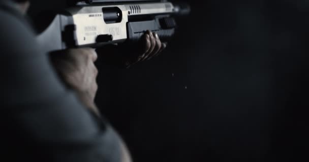 800Fps Slow Motion Smoke Filled Shotgun Firing Man Releasing Potent — Vídeo de Stock